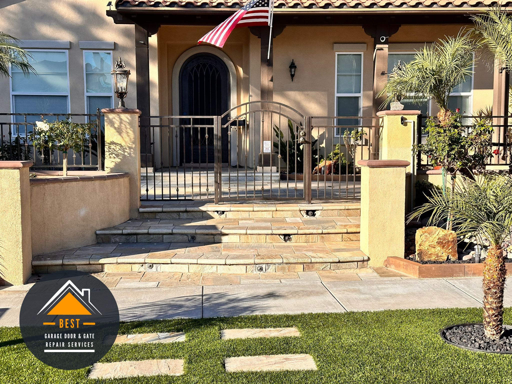 Wrought iron fence, vehicular automated gate, pedestrian gate. DKS access control keypad system. Job done in Scripps Ranch, San Diego 92131.