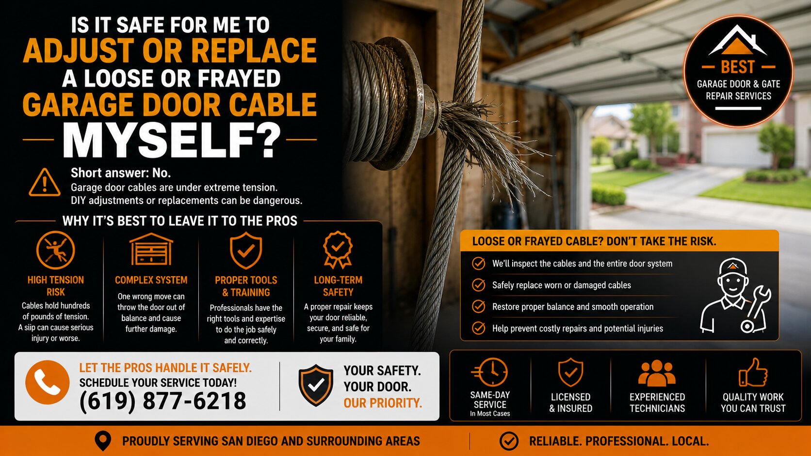 Is it safe for me to adjust or replace a loose or frayed garage door cable myself?